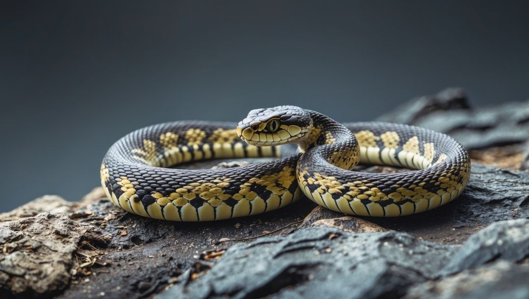Elegant Yellow-and-Black Snake Coiled on Textured Bark
