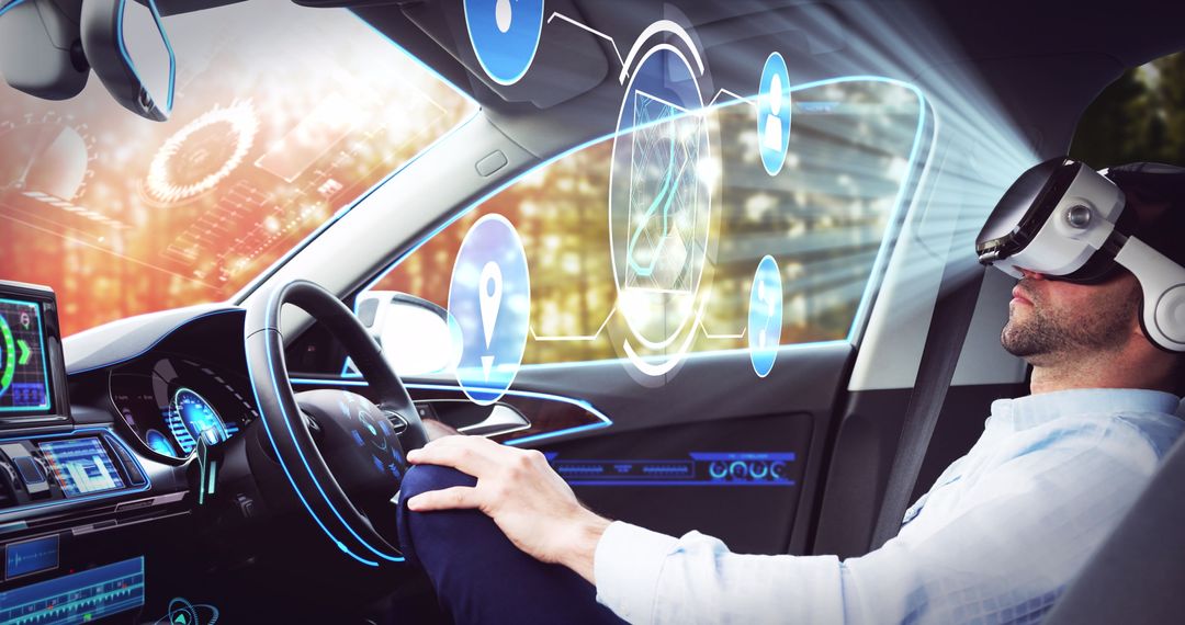 Businessman Using VR Headset in Autonomous Car with Data Holograms