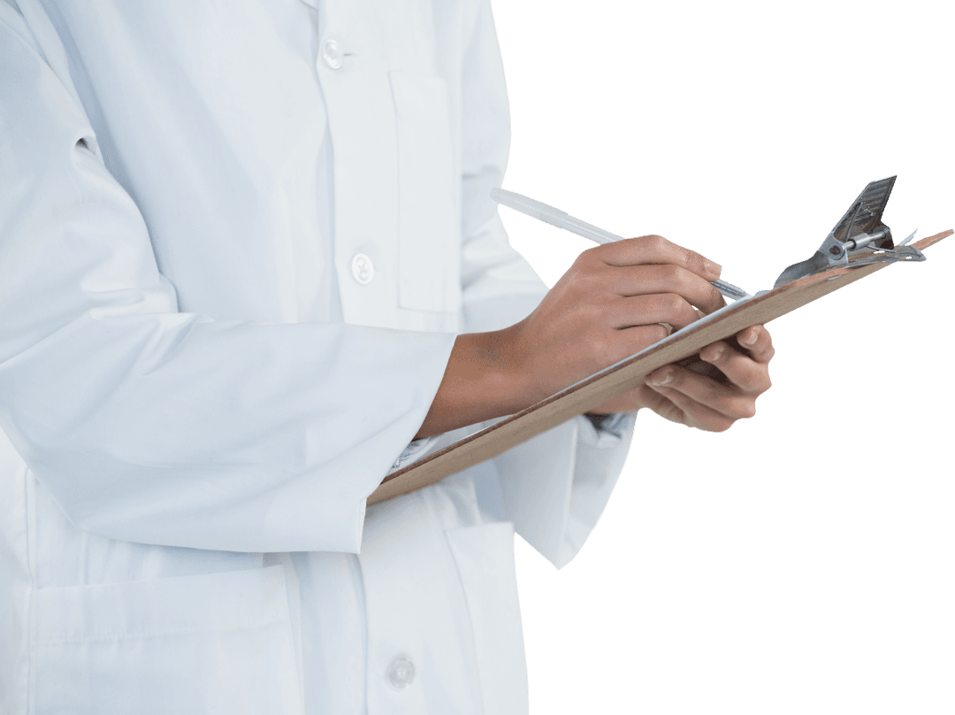 Transparent Mid Section of Doctor Writing on Clipboard
