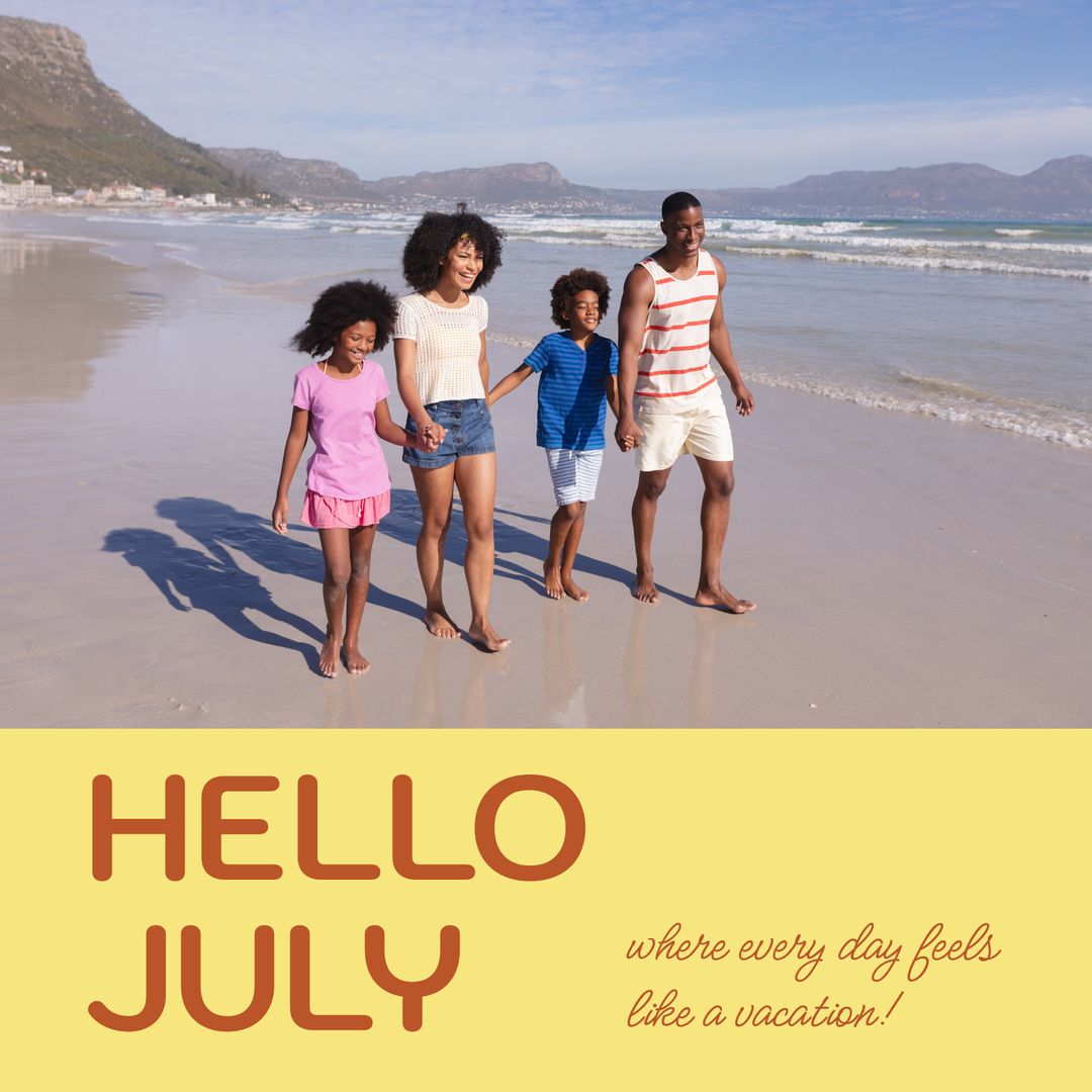Happy Family Walking on Sunny Beach in July