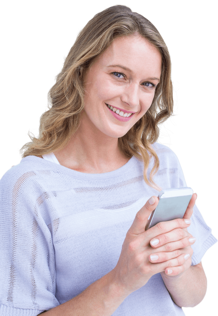 Transparent Smiling Woman Using Smartphone in Casual Wear