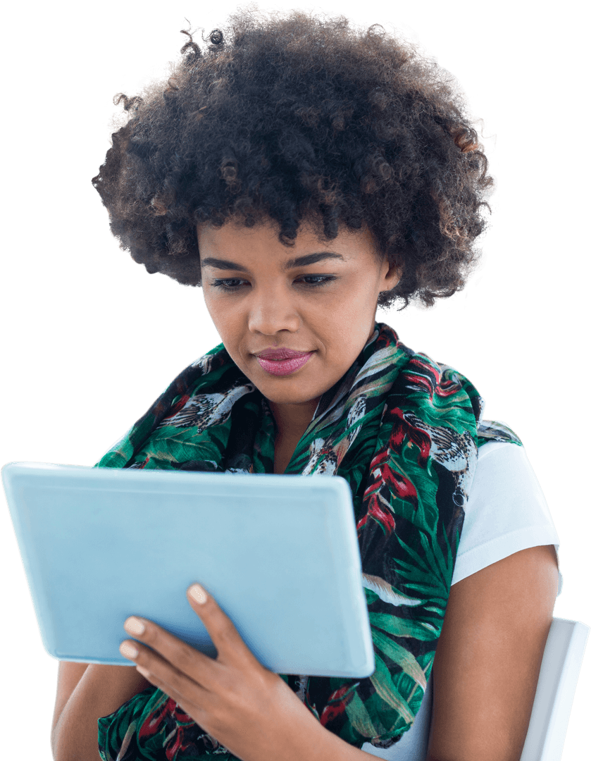 Enthusiastic Focused Woman With Tablet on Transparent Background