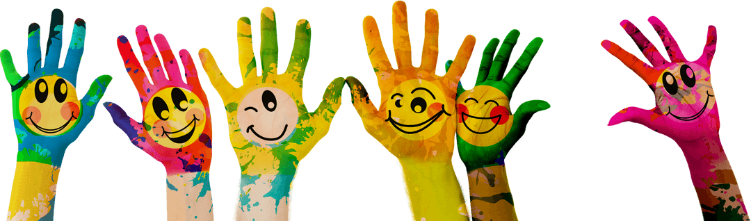 Colorful Hands with Painted Smiley Faces on Transparent Background