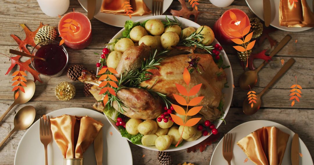 Autumn Leaves Overlay on Cozy Thanksgiving Meal