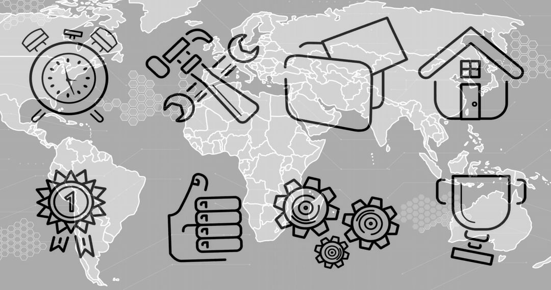 Global Business Icons on World Map for Data and Management