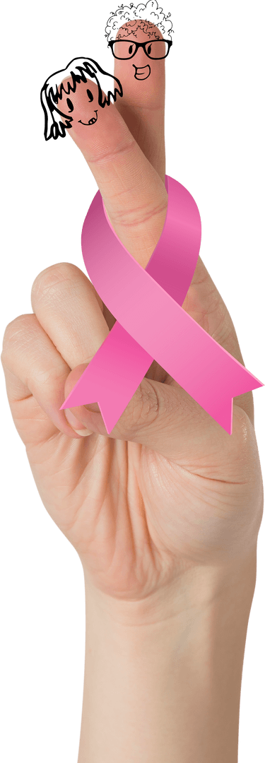 Transparent Hand with Breast Cancer Awareness Ribbon and Finger Faces