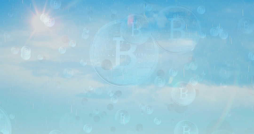 Digital Bitcoin Symbols Float Against Blue Sky
