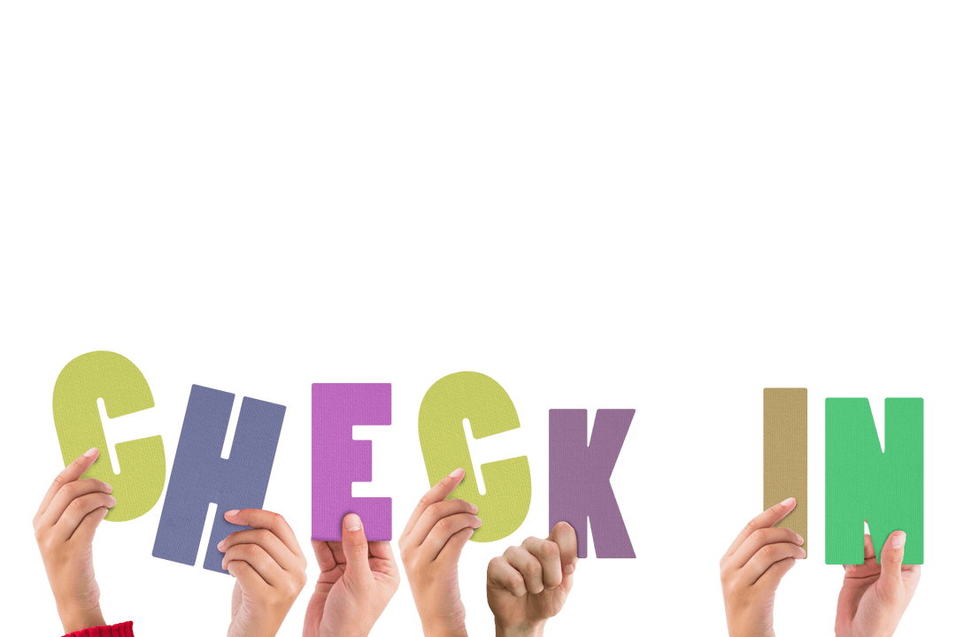 Hands Holding Transparent Colorful Check-In Sign