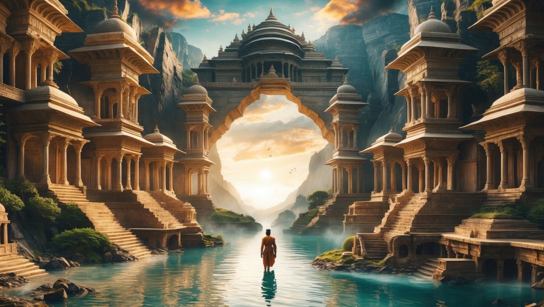 Saffron-clad Monk Crossing Tranquil River in Enchanting Temple Landscape