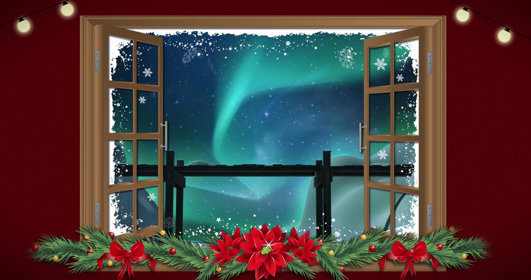 Christmas Window Display with Stunning Winter Aurora Borealis Scenery
