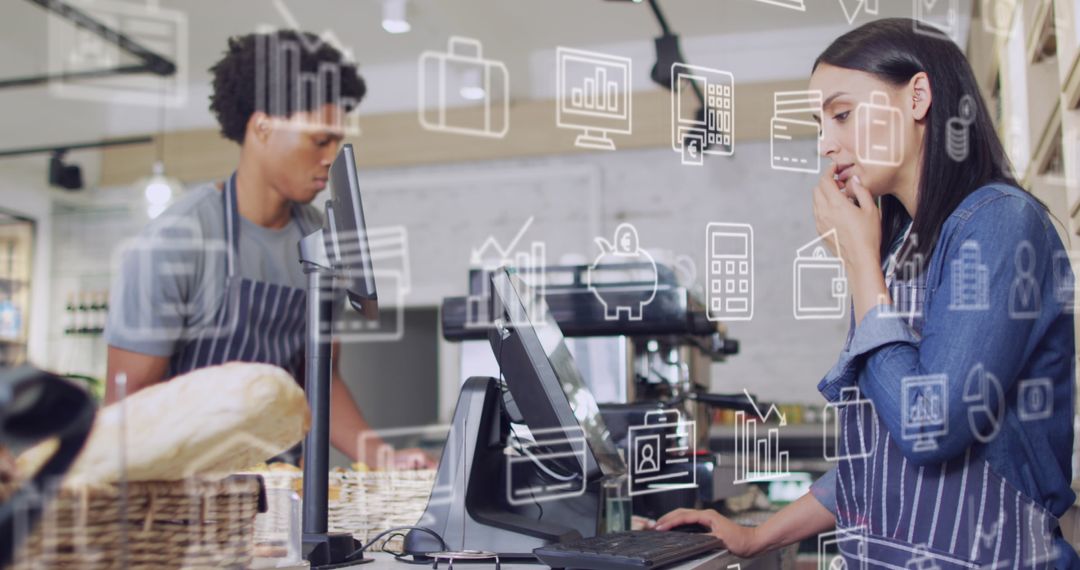 Businesswoman Data Processing at Store Counter with Digital Icons Overlay