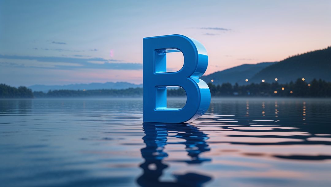 Floating Blue 3D Letter B on Calm Lake at Dusk