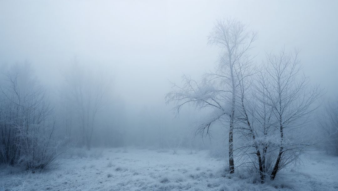 Frost-covered birch trees standing in misty winter meadow with hoarfrost and fog