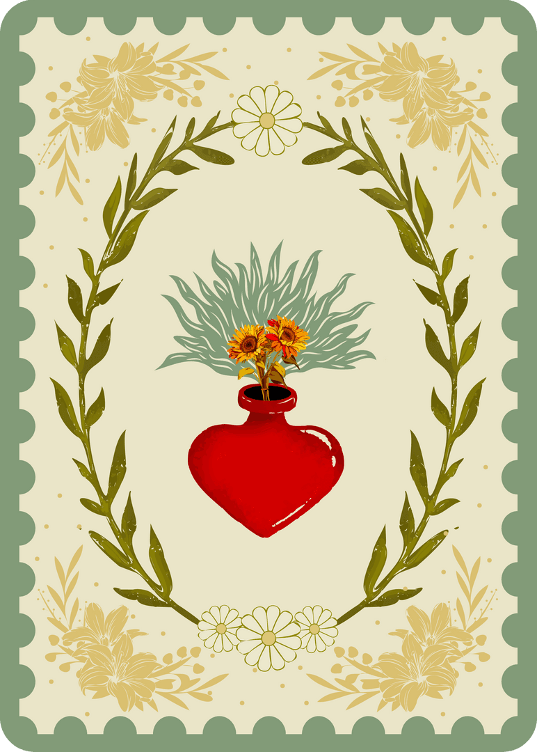 Elegant Botanical Heart-Shaped Vase with Sunflowers Transparent Design