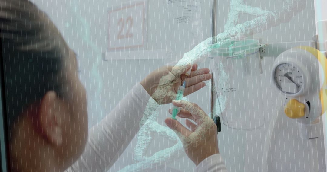 Doctor Preparing IV Bag with Overlay of Digital DNA Strand Interface