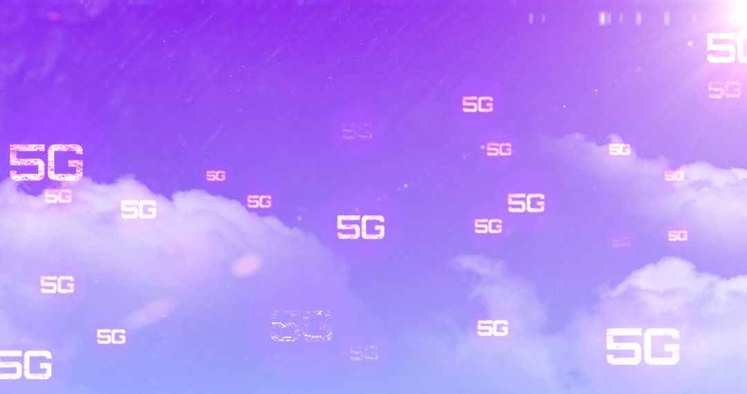 5G Technology Symbols Floating Over Purple Sky