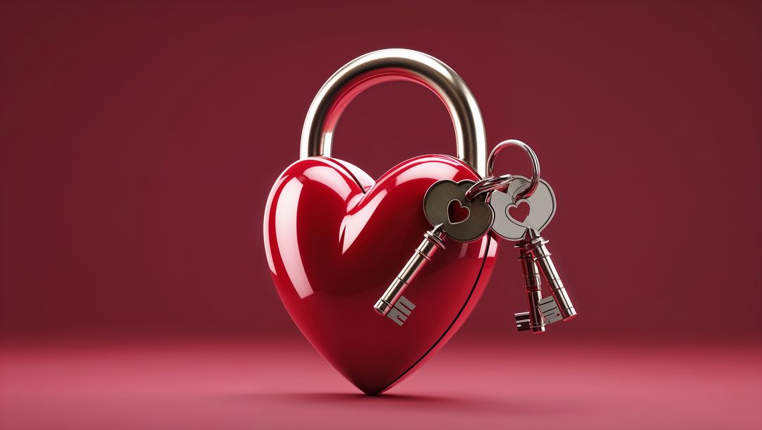 Glossy heart shaped padlock holding silver keys for lovers on red background