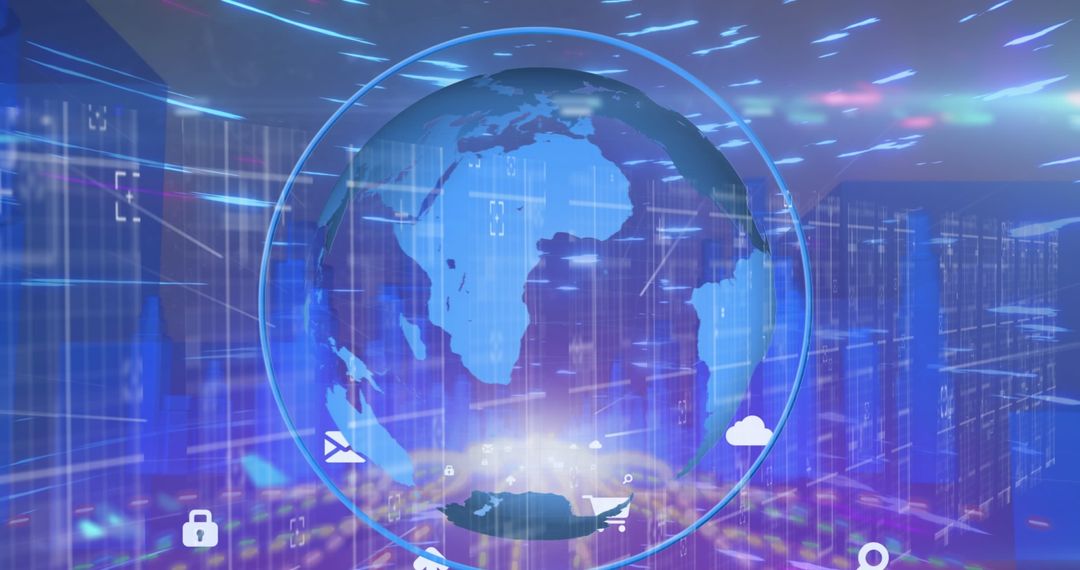 Digital globe with data streams and infographic elements in blue tones