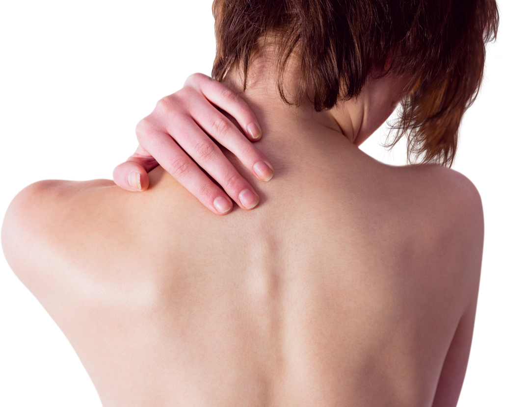 Transparent background woman holding shoulder blade indicating neck injury - Download Free Stock Images Pikwizard.com