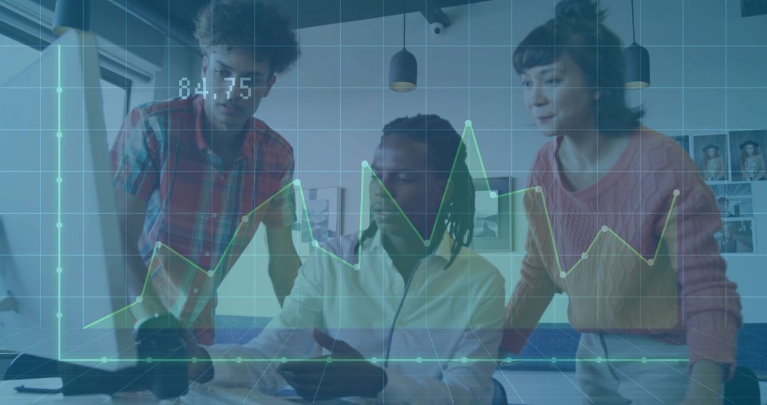 Team Analyzing Data Trends with Digital Graph Overlay in Office