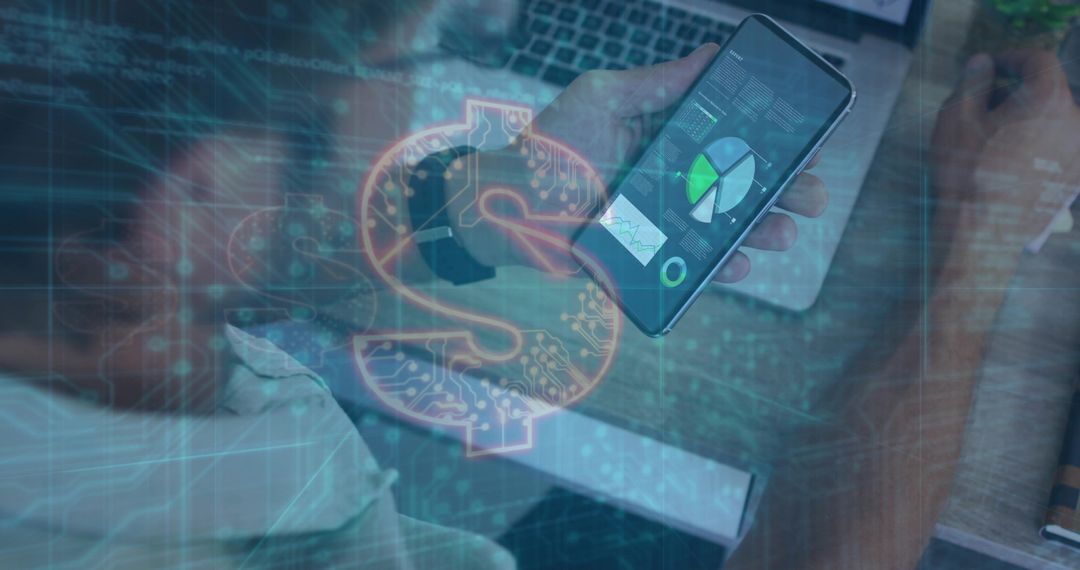 Hand Holding Smartphone Displaying Financial Dashboard with Digital Dollar Circuit Overlay and Data