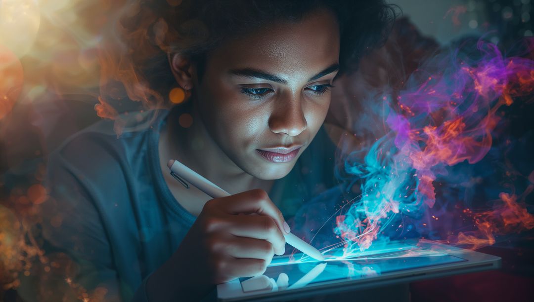 Digital Artist Creating with Tablet Amidst Vivid Light Mist