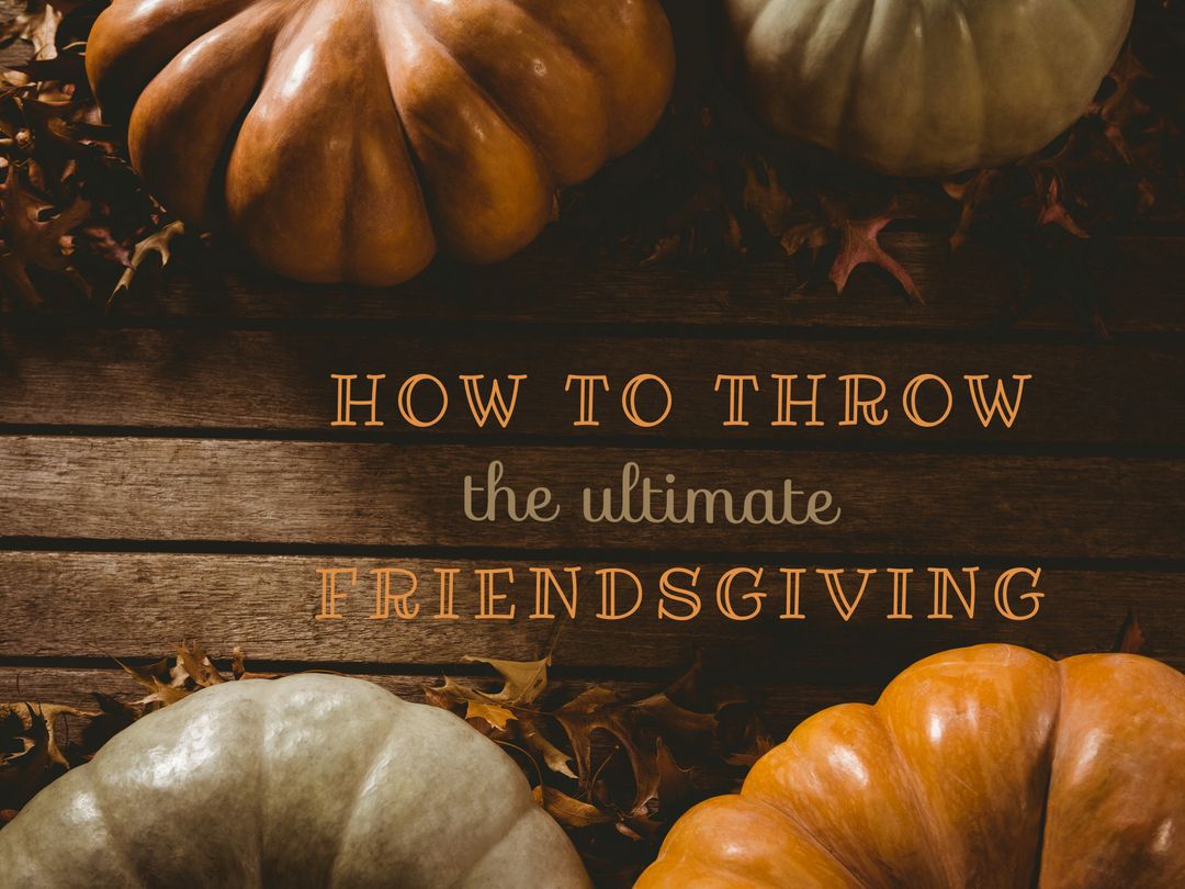 Warm Friendsgiving Scene with Pumpkins and Rustic Wooden Background