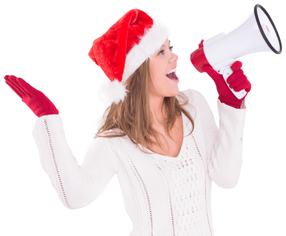 Festive Woman in Santa Hat on Transparent Background Announcing with Megaphone