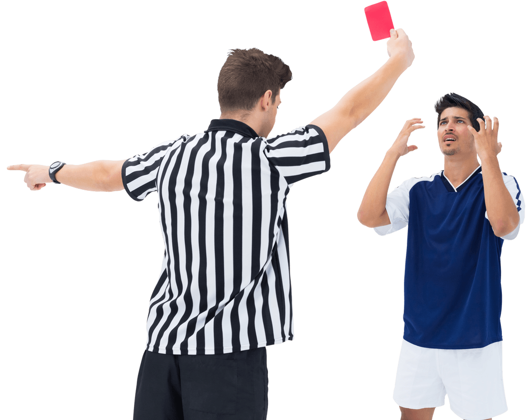 Referee showing red card to frustrated soccer player on transparent background