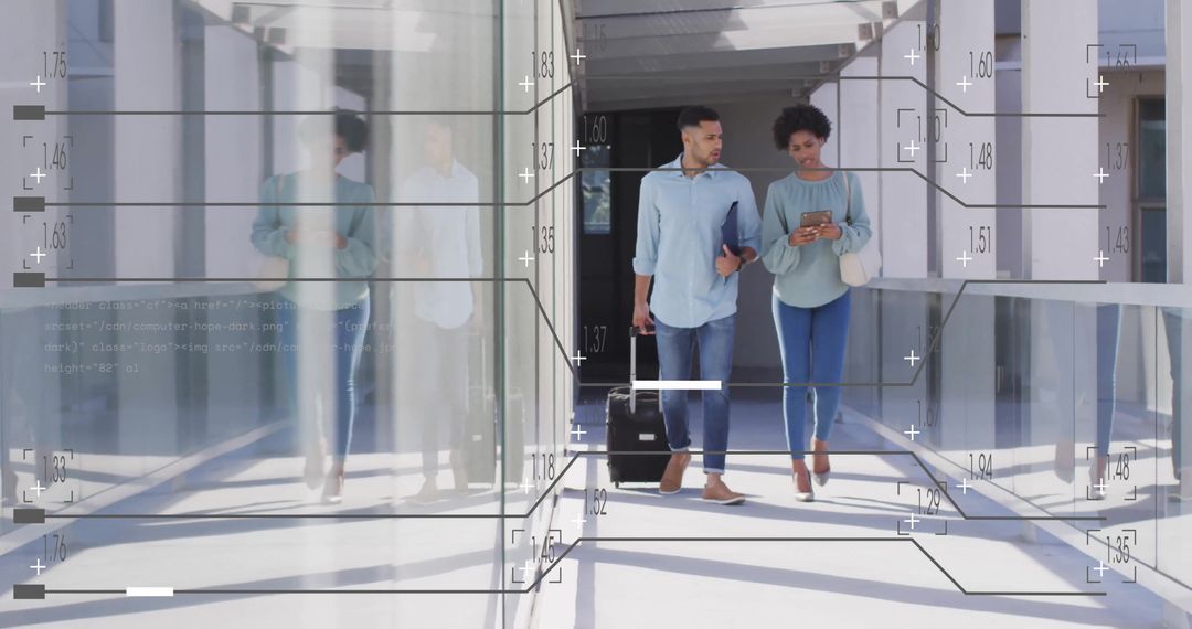 Modern Business Communication in Futuristic Airport with Digital Overlay