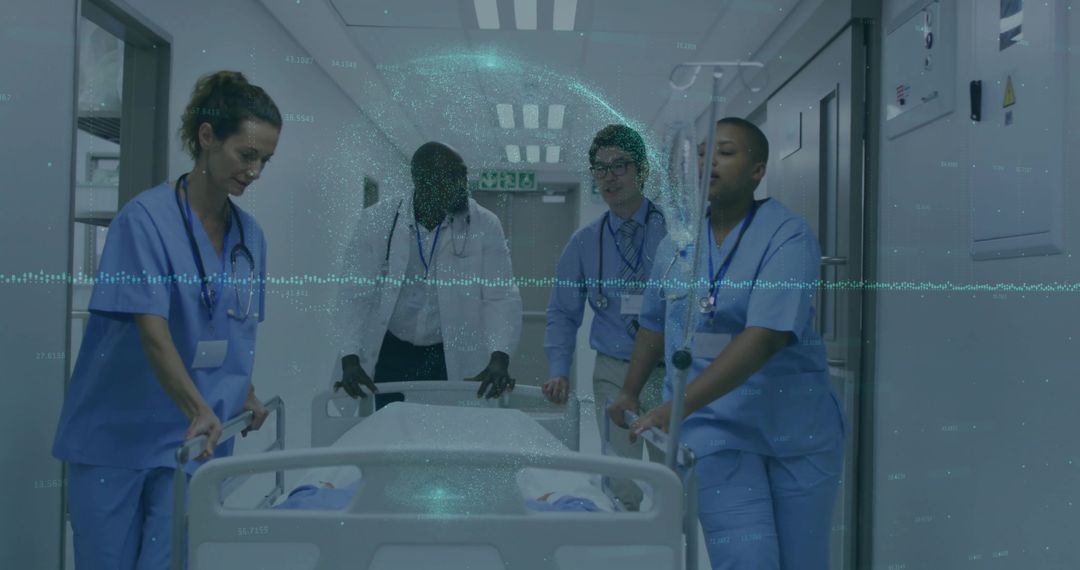 Medical Team Transporting Patient with Technological Data Overlay