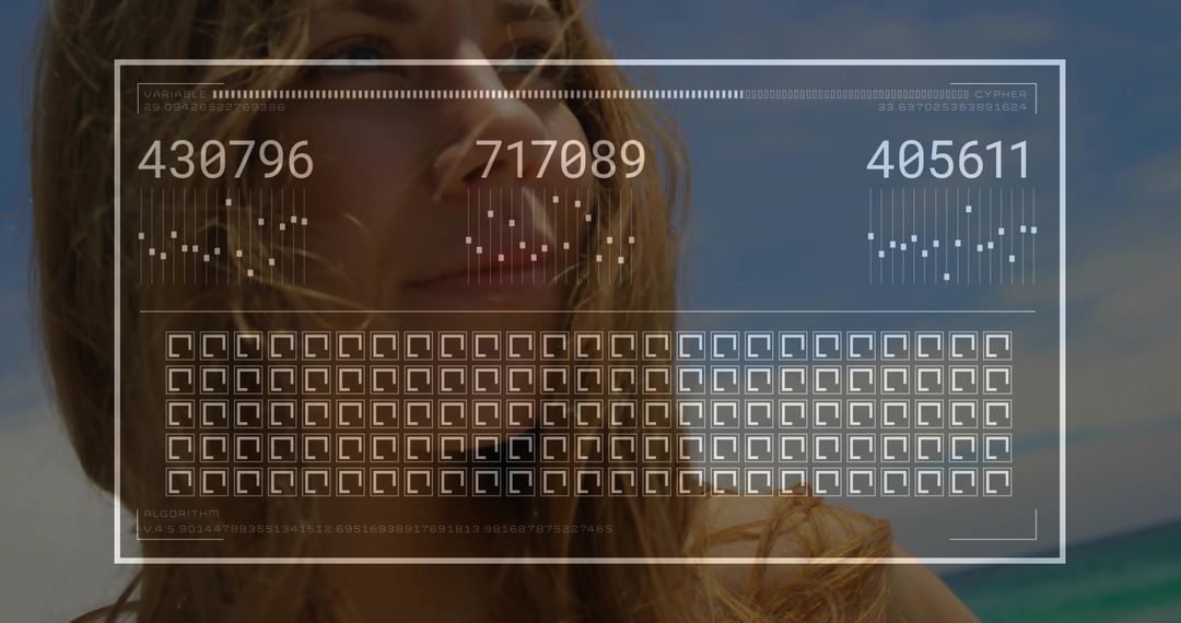 Woman Gazing Through Futuristic HUD at Seaside with Numeric Displays