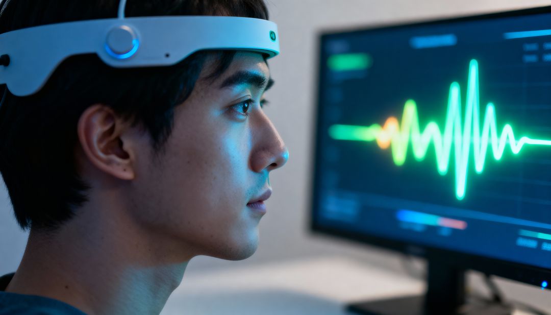 Young man wearing EEG headband monitoring brainwave waveform on computer screen in dim lab