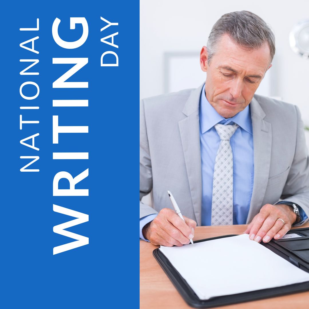 Mature Businessman Writing Notes at Office Desk for National Writing Day