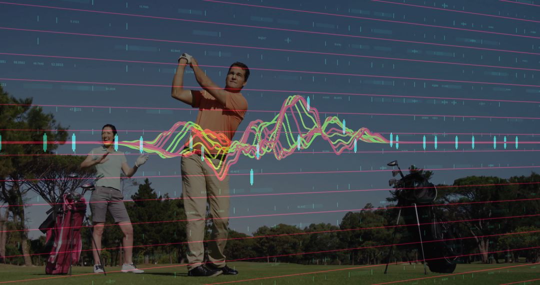 Couple Enjoying Golf Swing on Grass with Graph Overlay