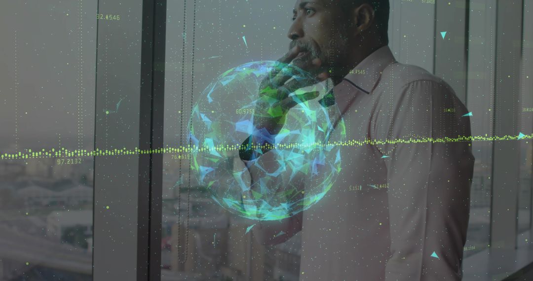 Businessman by Window Analyzing Data with 3D Globe Overlay