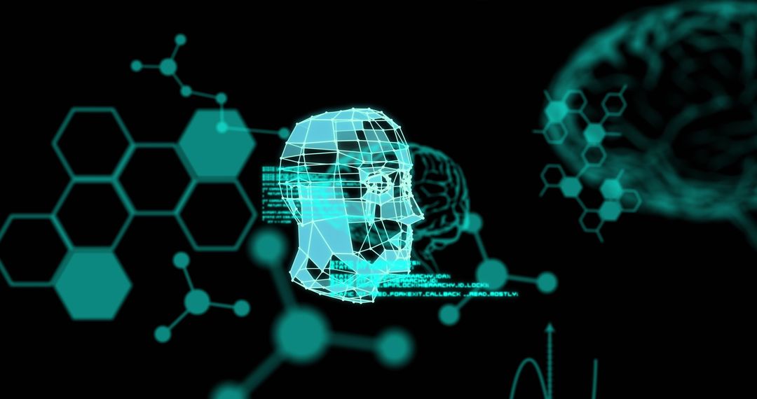 Futuristic Data Processing in Digital Interface Surrounding Human Face Model