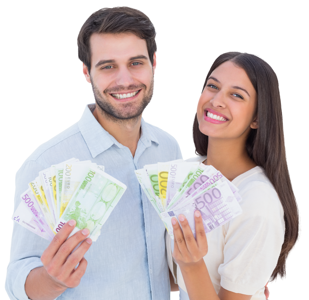 Happy Couple Holding European Currency on Transparent Background - Download Free Stock Images Pikwizard.com