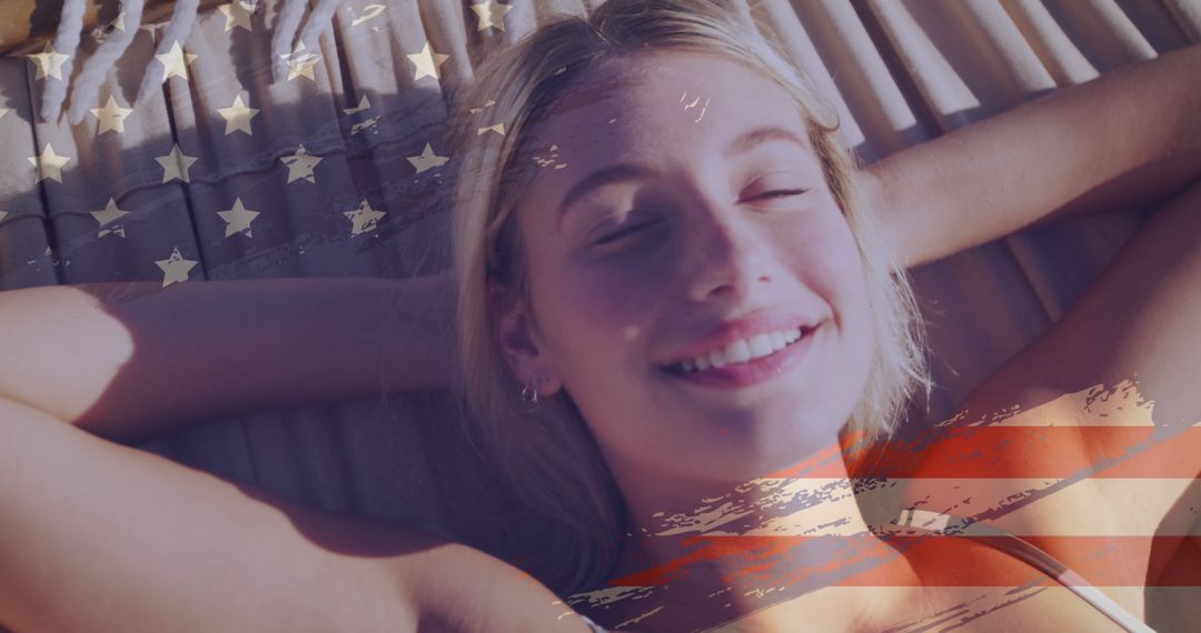 Woman Smiling Relaxing in Hammock with USA Flag Overlay