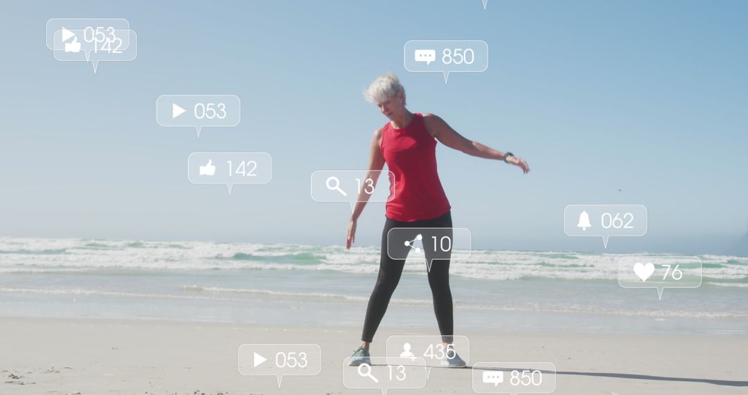 Woman Engaging in Social Media Interaction While Exercising on a Beach
