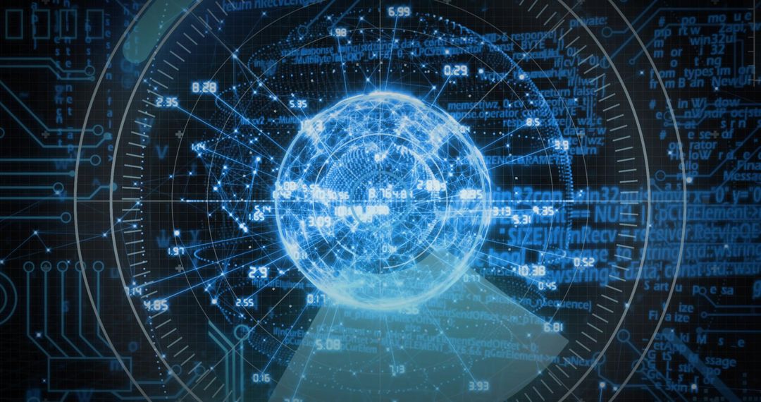 Glowing holographic data sphere inside futuristic cyber HUD displaying network analytics