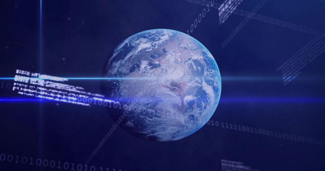Rotating Earth Globe Streaming Binary Code with Futuristic HUD and Data Beams