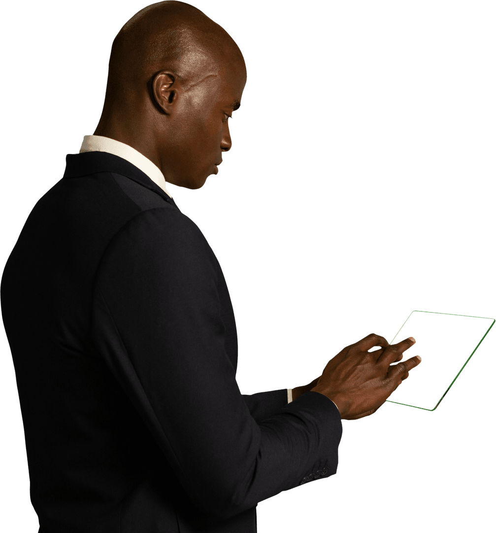 Man in suit interacting with transparent digital screen