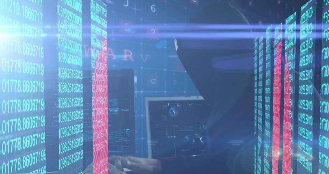 Hooded Hacker Engaging in Cyber Activity Against Digital Code Backdrop