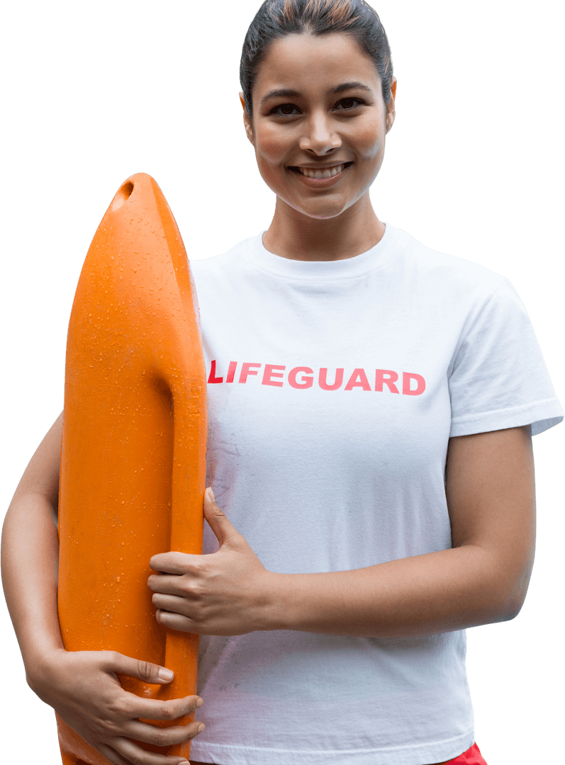 Smiling Lifeguard Holding Bright Orange Rescue Buoy, Indoor Setting