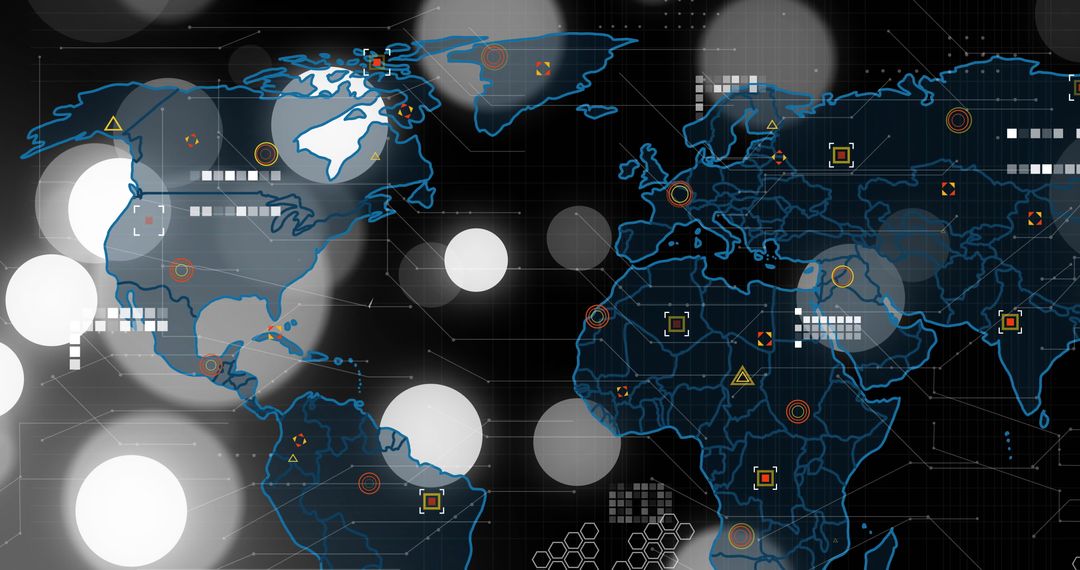 Stylized World Map with Digital Interface and Data Visualization