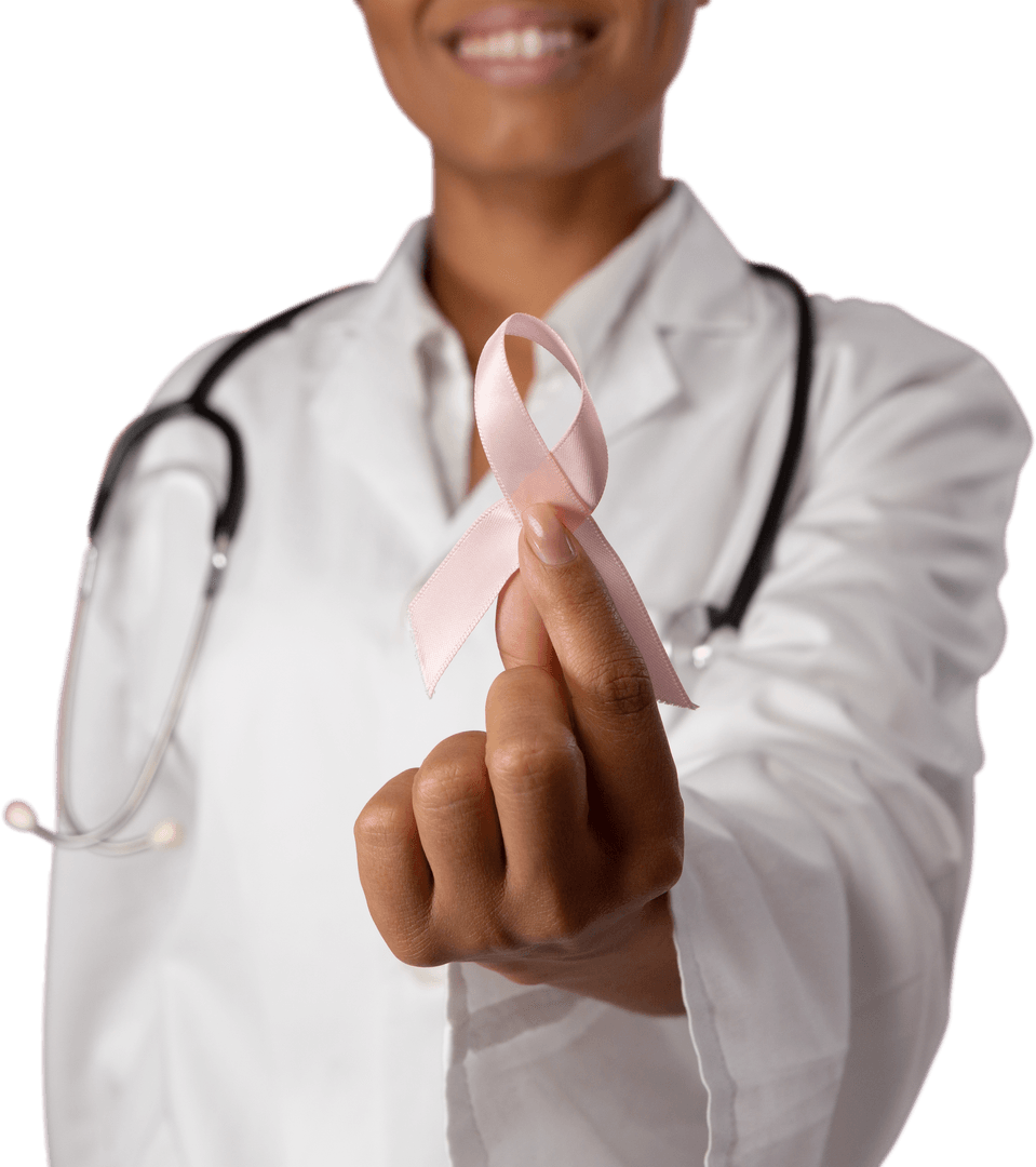 Smiling Healthcare Professional Presenting Transparent Pink Ribbon Symbol