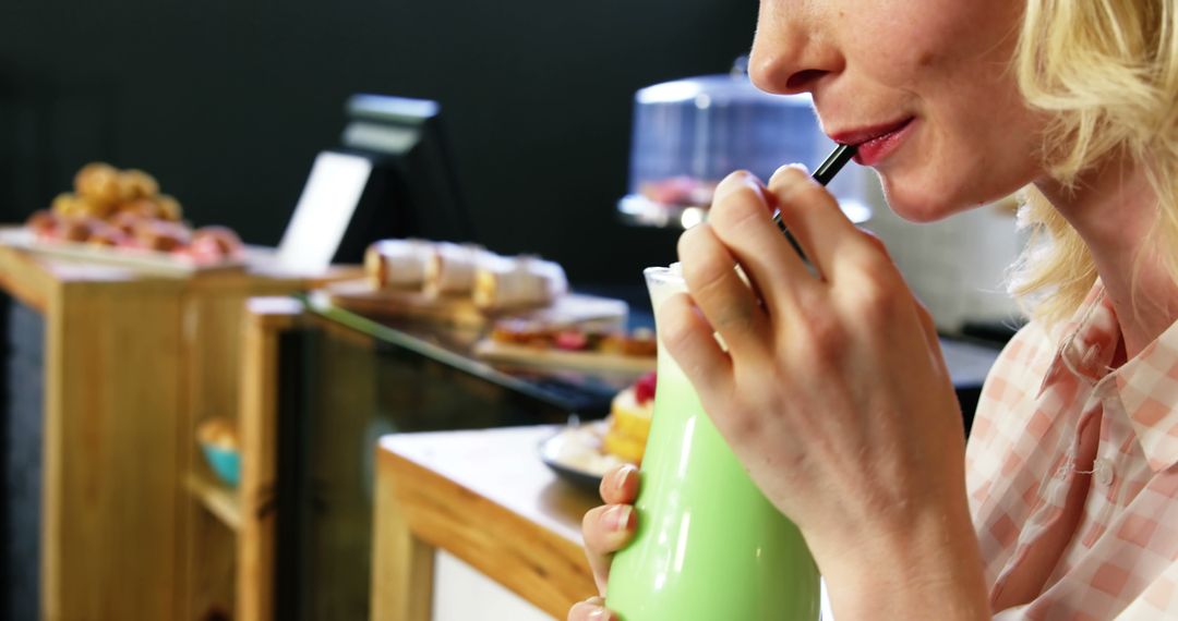 Woman Enjoying Green Milkshake in a Cozy Cafe - Free Images, Stock Photos and Pictures on Pikwizard.com