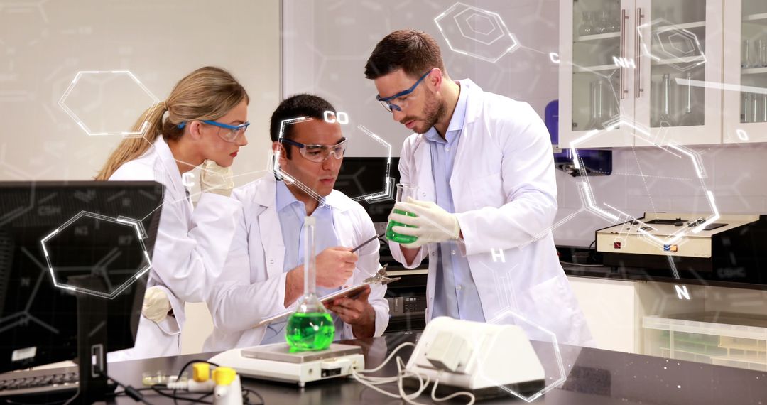 Scientists Analyzing Green Liquid in Modern Laboratory Setting