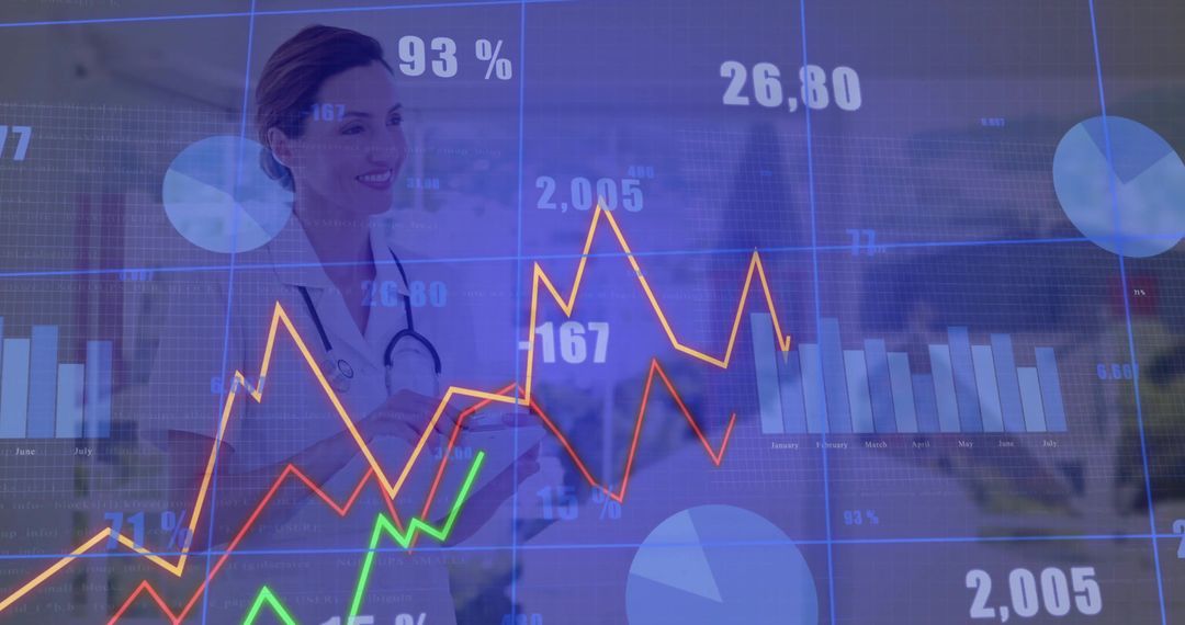 Healthcare Professional Examining Digital Data Analytics with Metrics Overlay